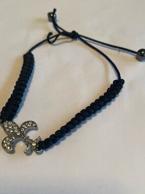 Black Macramé Bracelet with Crystal Fleur-de-Lis Charm
